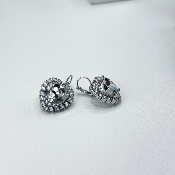 Clear Crystal Heart With White Stone Silver Earrings, Sterling Silver Plated - Picture 5 of 7